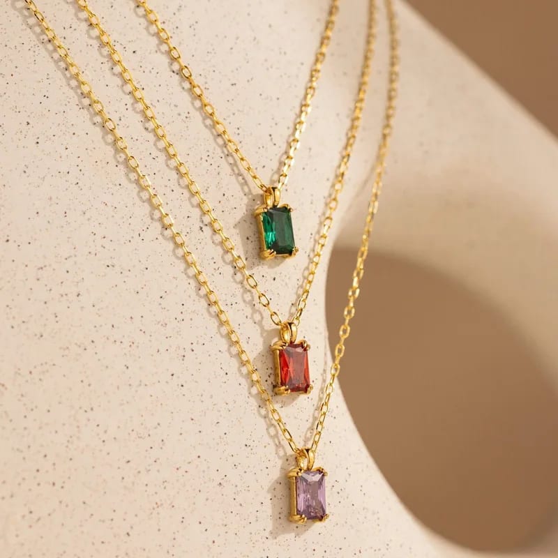 High Quality Colorful Emerald Square Zircon Pendant Necklace For Women 18k Gold Plated Stainless Steel Birthstone Necklace Pendant Necklaces