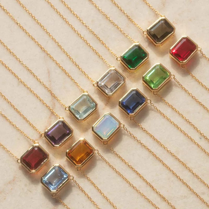 Stainless Steel Exquisite Colorful Crystal Rhinestone Baguette Birthstone Pendant Necklace Fashion Women Necklace Jewelry Pendant Necklaces