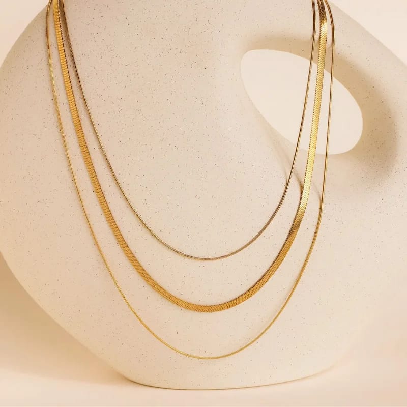 Fashion Jewelry Stainless Steel 18k Gold Plated Multilayer Necklaces Herringbone Snake Bone Chain Triple Layered Chain Necklace Chain Necklace