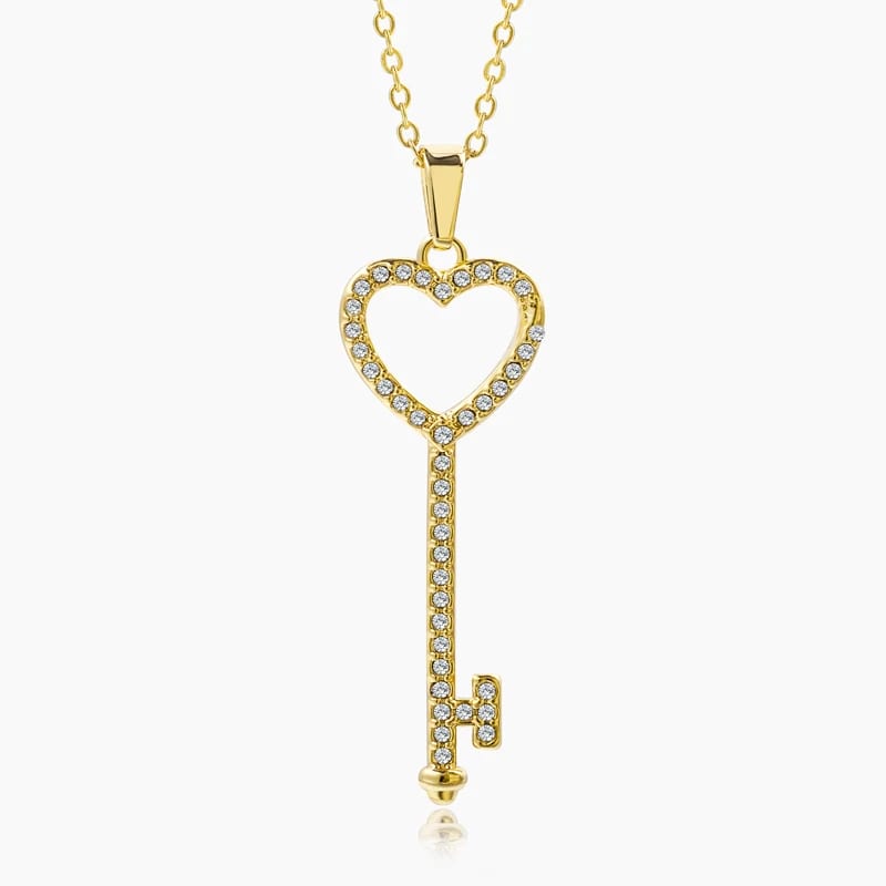 Fashion Jewelry Factory Stainless Steel 18k Gold Plated Inlay Crystal Heart Key Pendant Necklace For Girls And Women Pendant Necklaces