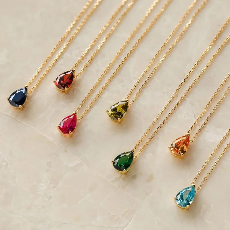 Wholesale Dainty Minimalist 925 Silver 18k Gold Plated Teardrop Pear Shaped Cz Diamond Family Birthstone Necklace Pendant Necklaces