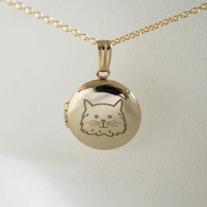 Small Mini 14k Gold Cat Locket Necklace Personalized Engravable Necklace Pet Portrait Locket Locket Necklace