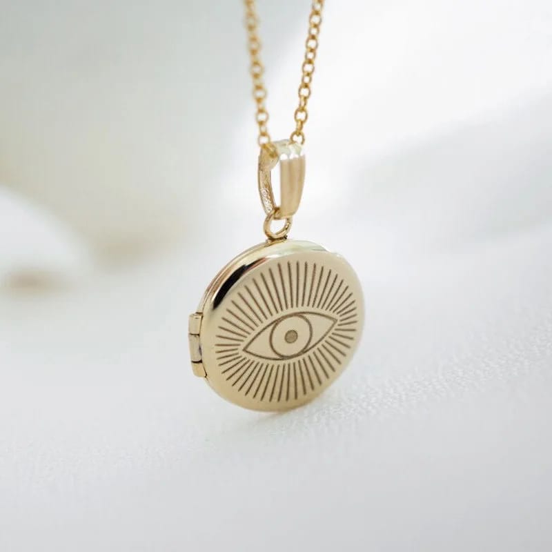 Custom Engraved Locket Photo Frame Pendant Necklace 14k Gold Eye Protection Dainty Round Mini Locket Locket Necklace