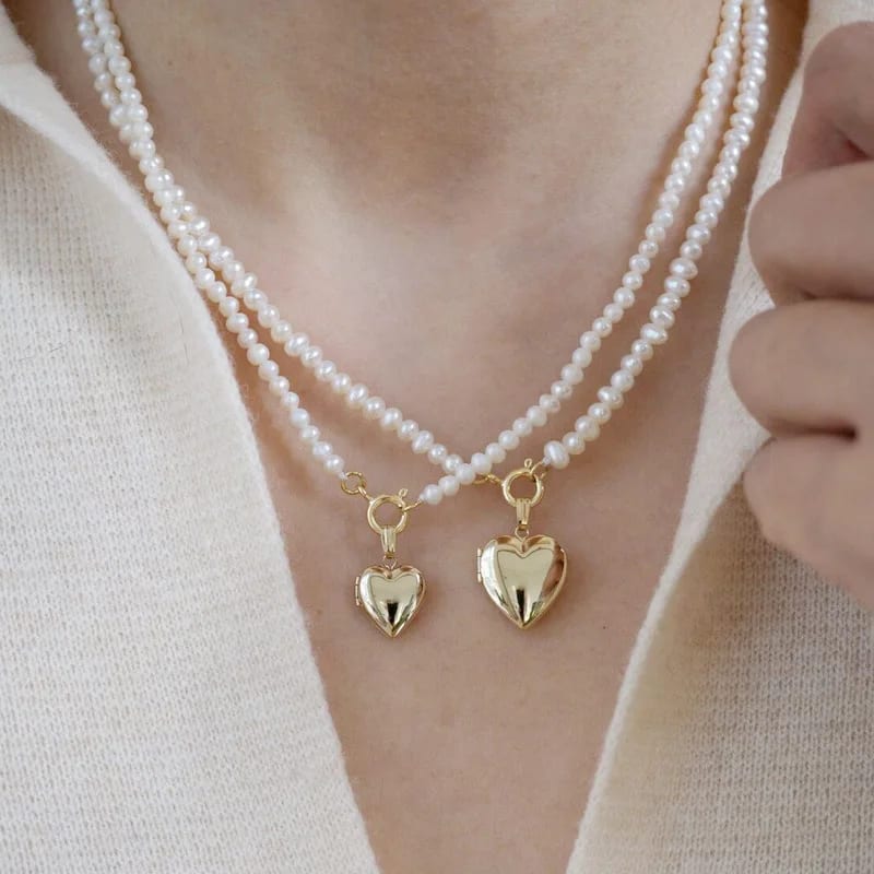Custom Fashion Locket Photo Frame Pendant Necklace 14k Gold Heart Pearl Necklace Locket For Women Jewelry Locket Necklace