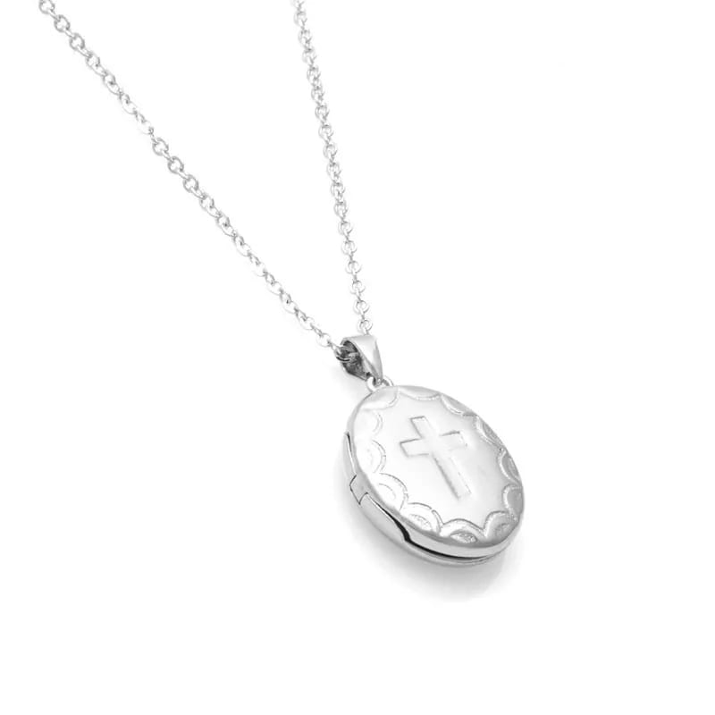 Wholesale Custom Cross Design Silver Oval Picture Frame Photo Memory Locket Pendant Necklace Locket Necklace