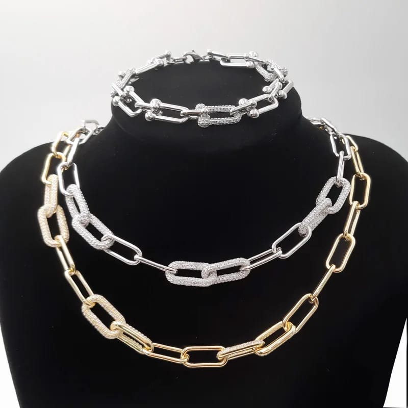 Newest Stainless Steel Cubic Zircon Setting U Shape Paperclip Link Chain Necklace For Gifts Chain Necklace