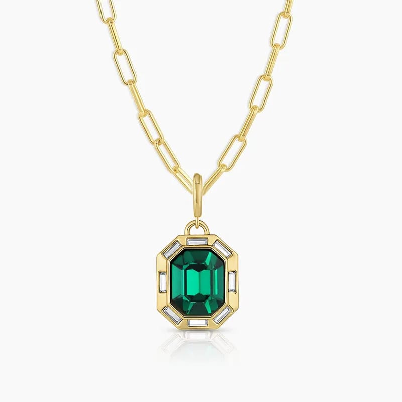 Trendy 18k Gold Plated Brass Charm Pendant Necklace With Diamond And Crystal Emerald For Party Or Anniversary Jewelry Pendant Necklaces