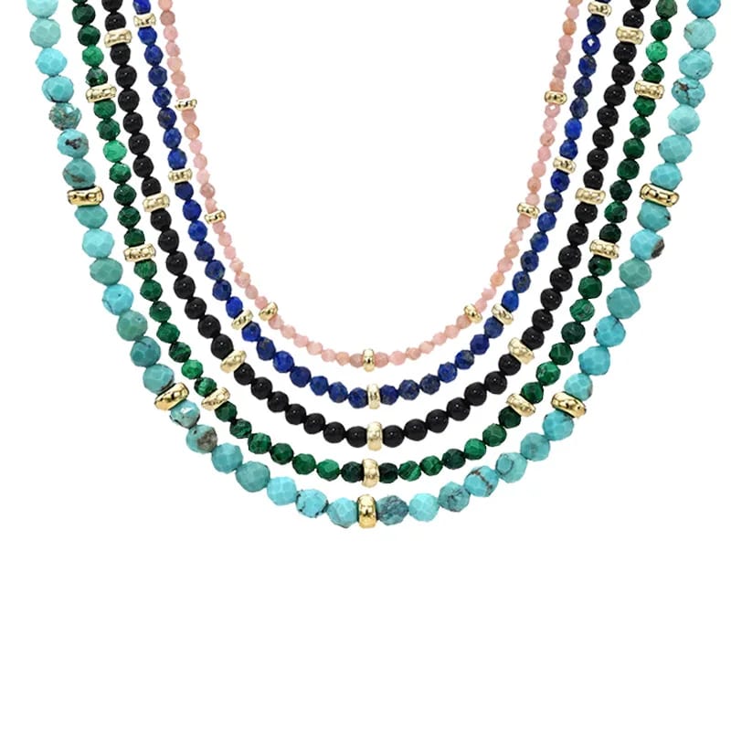Dainty 18k Gold Blue Lapis Segment Black Onyx Segment Malachite Segment Natural Stone Beaded Necklace Chokers and Collars