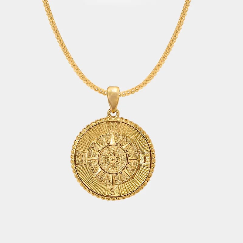 Classic Men Jewelry Gold Plated 18k Stainless Steel Engraved Coin Compass Pendant Necklace Pendant Necklaces