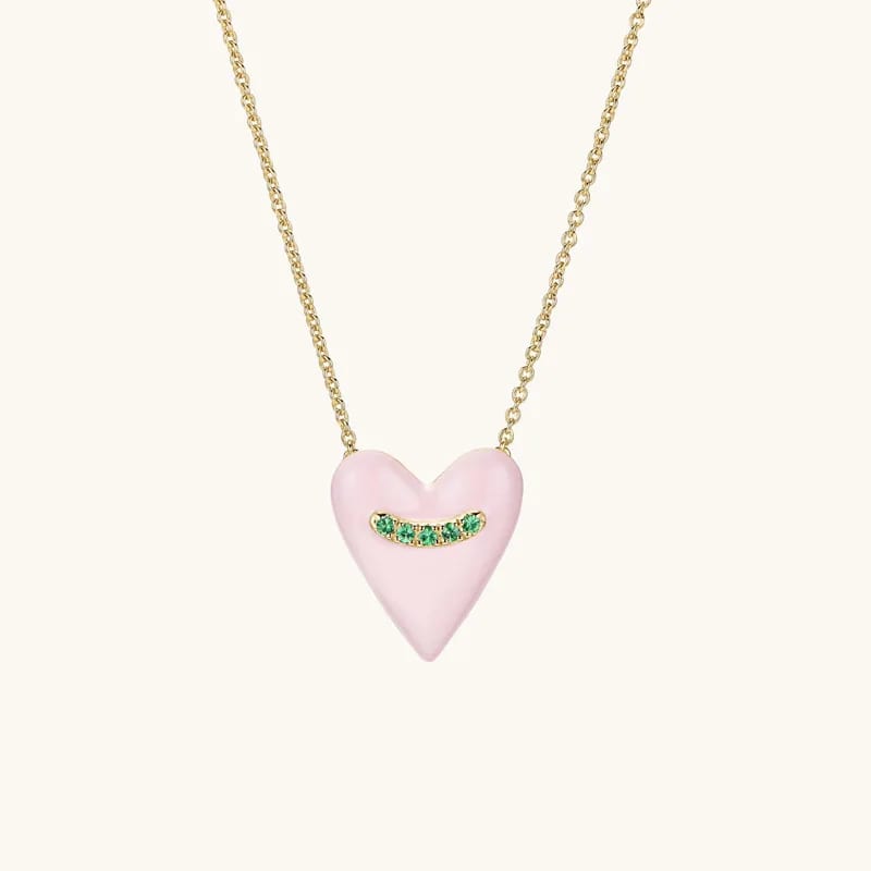 Trendy 18k Gold Plated Heart Enamel Pendant Necklace Dainty Zircon Stereoscopic Pink Heart Necklaces Pendant Necklaces