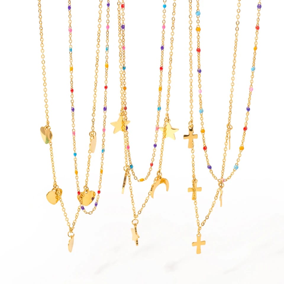 Trendy Layered Stainless Steel Cross Blank Heart Moon Star Pendant Necklace 18k Gold Plated Multi Layered Necklace For Women Pendant Necklaces