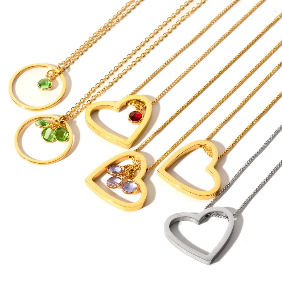 Family Birthstone Birth Month Necklace Personalized 18k Gold Stainless Steel Hollow Heart Shaped Pendant Necklace Women Pendant Necklaces