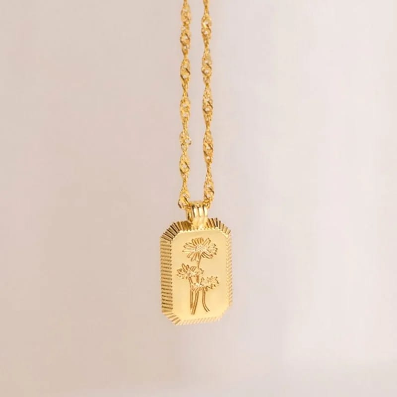 Custom Engraved 18k Gold Plated 925 Sterling Silver Ribbed Birth Month Flower Rectangle Tags Pendant Necklace Pendant Necklaces