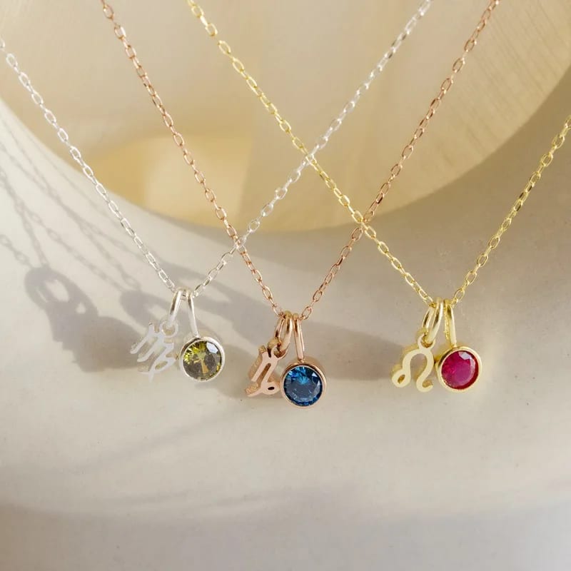 Minimalist Custom Dainty 18k Gold Plated Stainless Steel 12 Horoscope Colorful Birthstone Zodiac Sign Necklace Pendant Necklaces