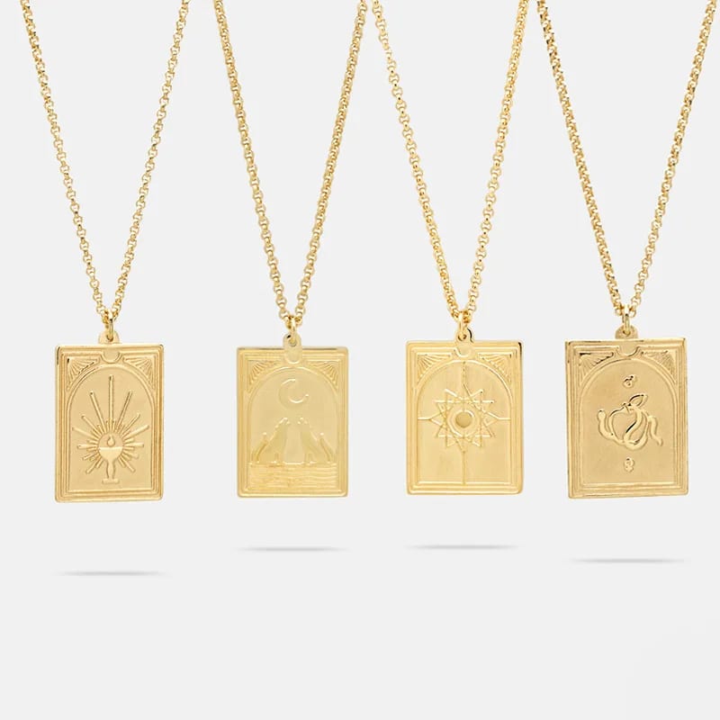 New Arrivals Wholesale Fashion Jewelry Retro Rectangle 18k Gold Custom Engraved Emboss Tarot Card Pendant Necklaces Pendant Necklaces
