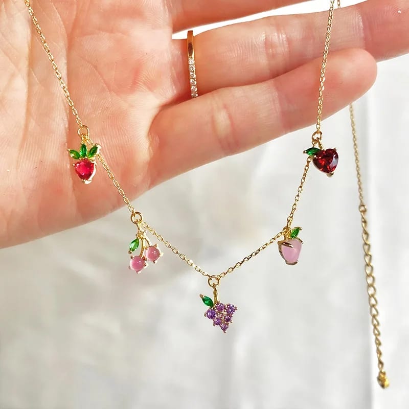 Spring Summer Hot Selling Colorful Fruit Zircon Charm Necklace Girl Gift Chokers and Collars