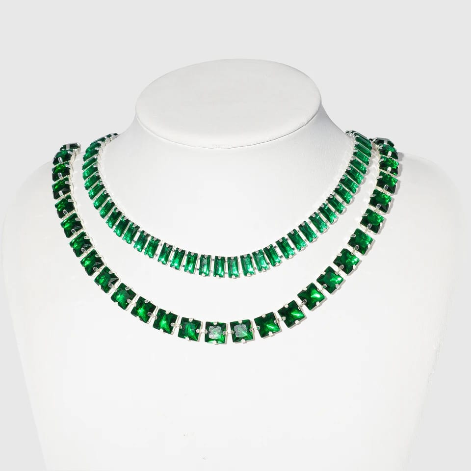 Emerald Green Necklace Women’s Emerald Choker Baguette Necklace Emerald Cuban Chain Silver Tennis Party Necklace Jewelry Chokers and Collars