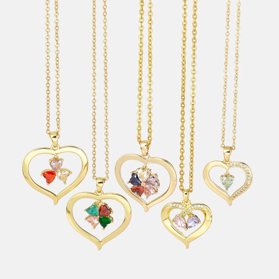 Personality 18k Gold Plated Birthstone Family Necklace Custom Cubic Zirconia Heart Shape Charm Necklaces For Mothers Day Gifts Pendant Necklaces
