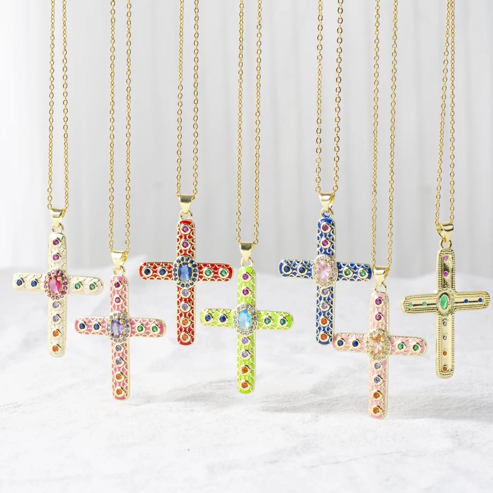 Cute Colorful Enamel Hip Hop Necklace Gold Plated Cross Pendant Necklace Cross Necklace