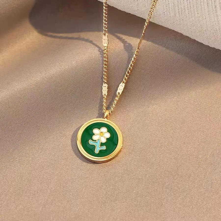 Elegant Retro Gold Plated Stainless Steel Jewelry Enamel Flower Pendant Necklace Pendant Necklaces