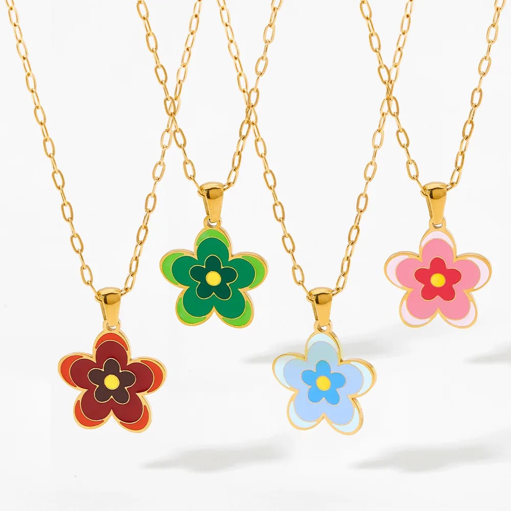 Fashion Colorful Dripping Oil Flower Necklace Gold Plated Stainless Steel Enamel Necklace Pendant Necklaces