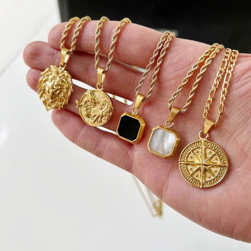 Wholesale Custom Stainless Steel Mens Jewelry Necklace 18k Gold Plated Lion Round Dragon Tiger Onyx Pendant Necklaces For Men Pendant Necklaces