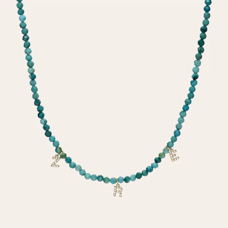 Custom Handmade Jewelry Women Natural Gemstone Malachite Turquoise Pearl Beaded Necklace With Diamond Bezel Letter Necklace Chokers and Collars