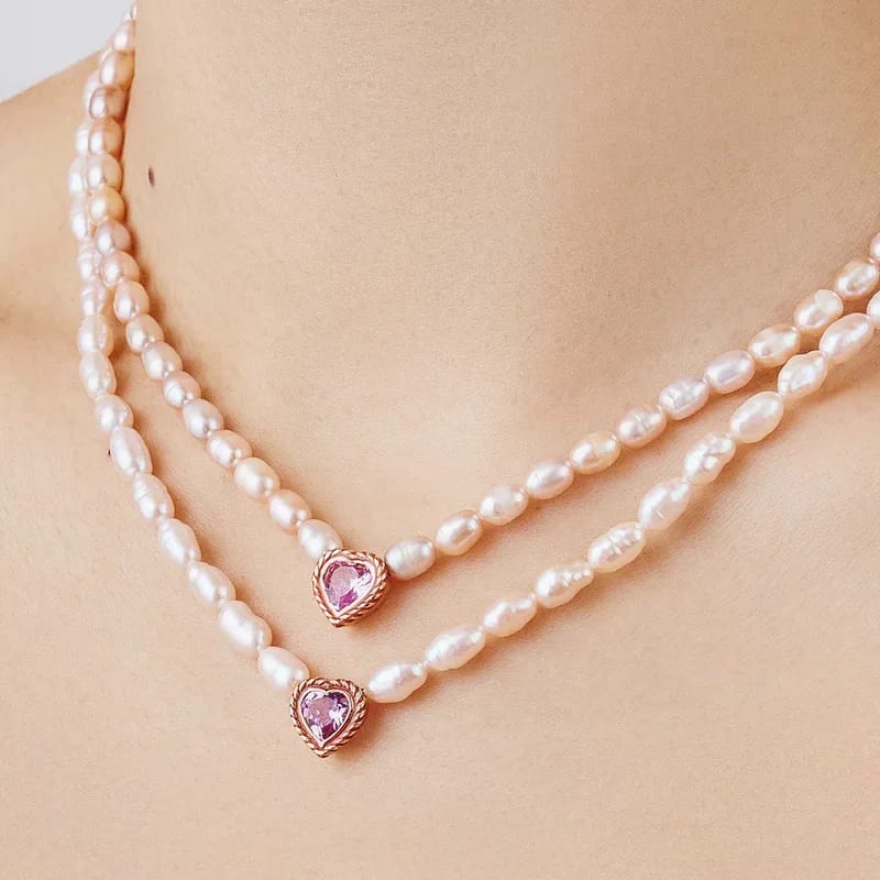 Luxury Women Jewelry Real Natural Freshwater Pearl Zircon Heart Charms Necklaces Pearl Necklaces