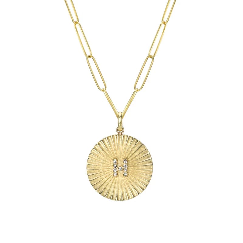 Fashion Dainty Handcrafted Pleated Disc Necklace With Mini Cz Diamond Initial On Paper Clip Link Chain Necklace Pendant Necklaces