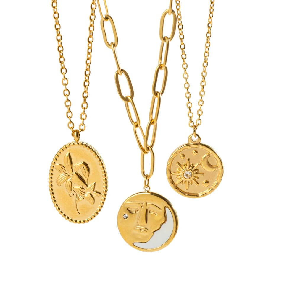 Classic Engraved Gold Plated Disc Necklace Flower Moon Sun Pendant Necklace Disc Necklaces