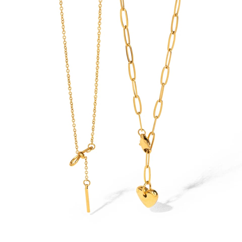 New Fashion Paper Clip Chain Gold Plated Stainless Steel Heart Shape Pendant Necklace For Women Pendant Necklaces