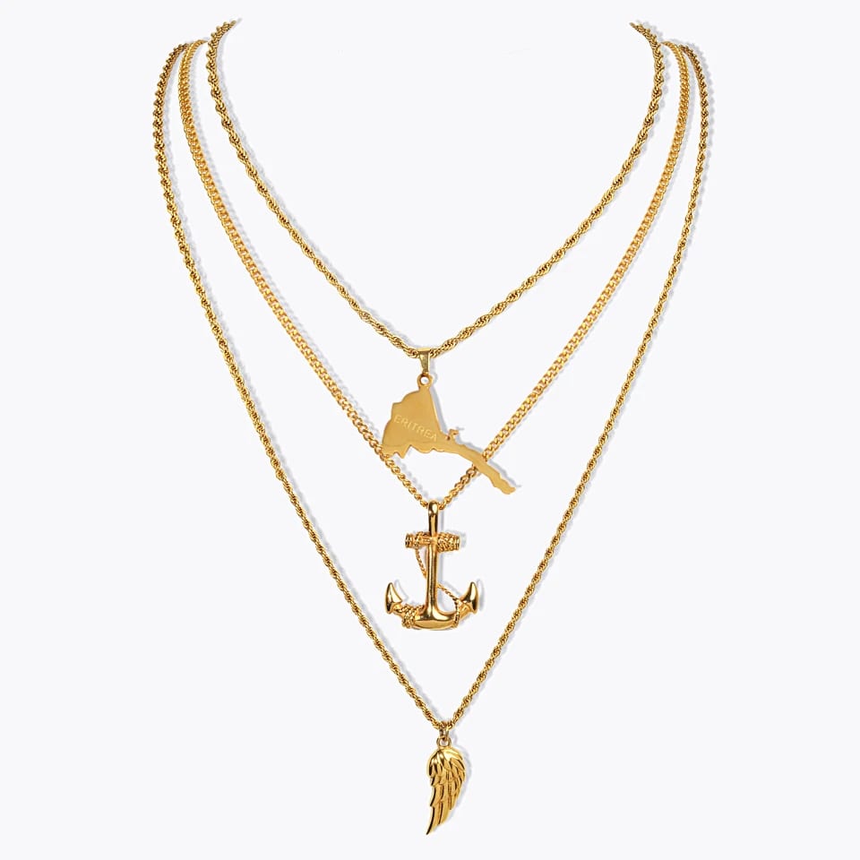 Wholesale Custom Pvd 18k Gold Plated Men Map Anchor Angel Wing Design Pendants Necklaces Man Stainless Steel Necklace Pendant Necklaces