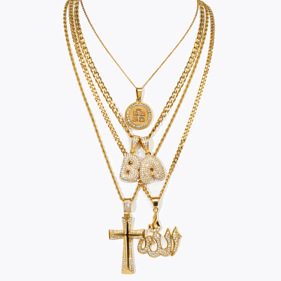Wholesale Custom 18k Gold Plated Stainless Steel Coin Cross Letter Charm Pendant Men Necklace Jewelry Pendant Necklaces