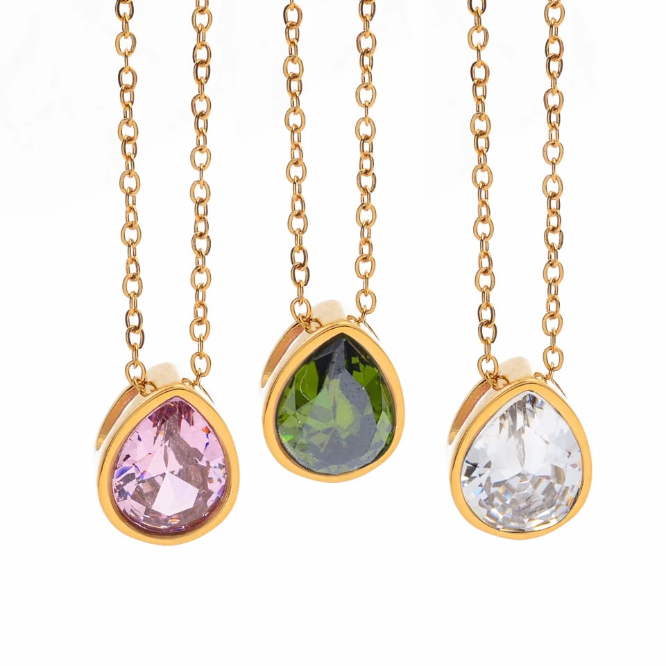 Fashion Dainty Teardrop Water Drop Shape Zircon Pendant Necklace 18k Gold Stainless Steel Necklace Waterproof Jewelry For Women Pendant Necklaces