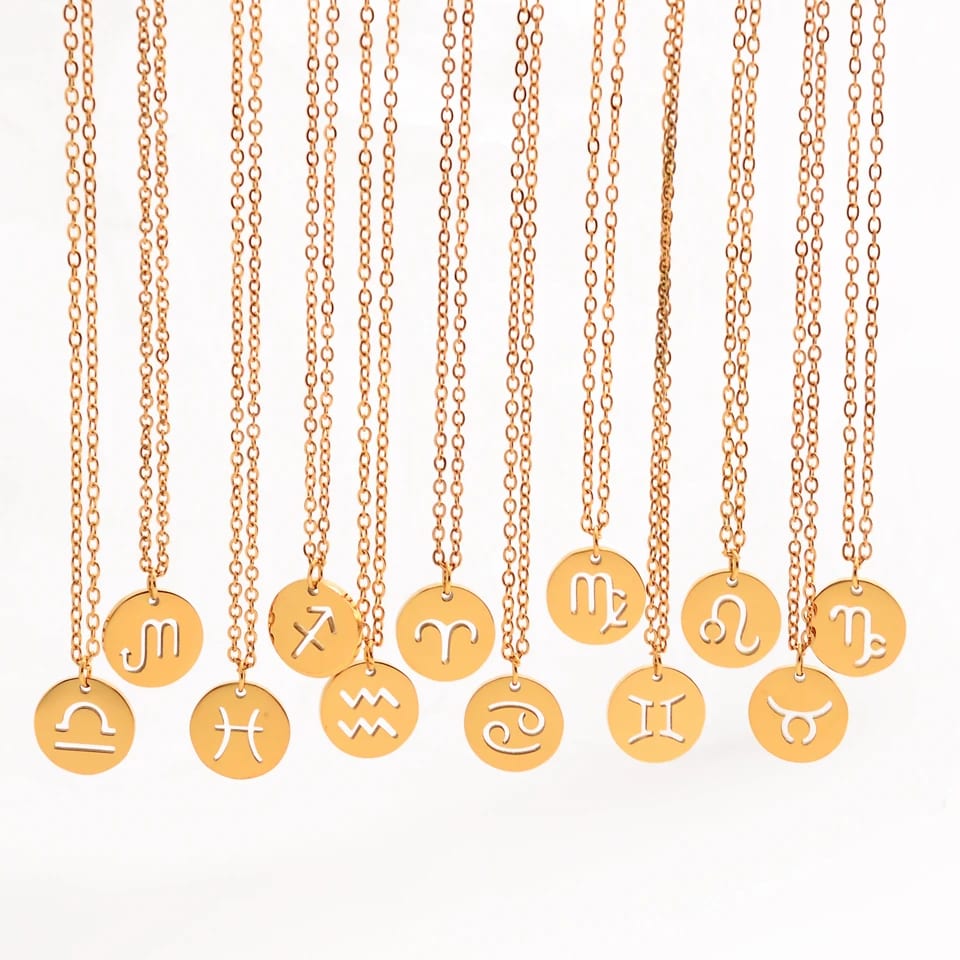 Wholesale 18k Gold Plated Stainless Steel Round Hollow 12 Zodiac Sign Astrology Horoscope Birthday Necklace For Women Pendant Necklaces