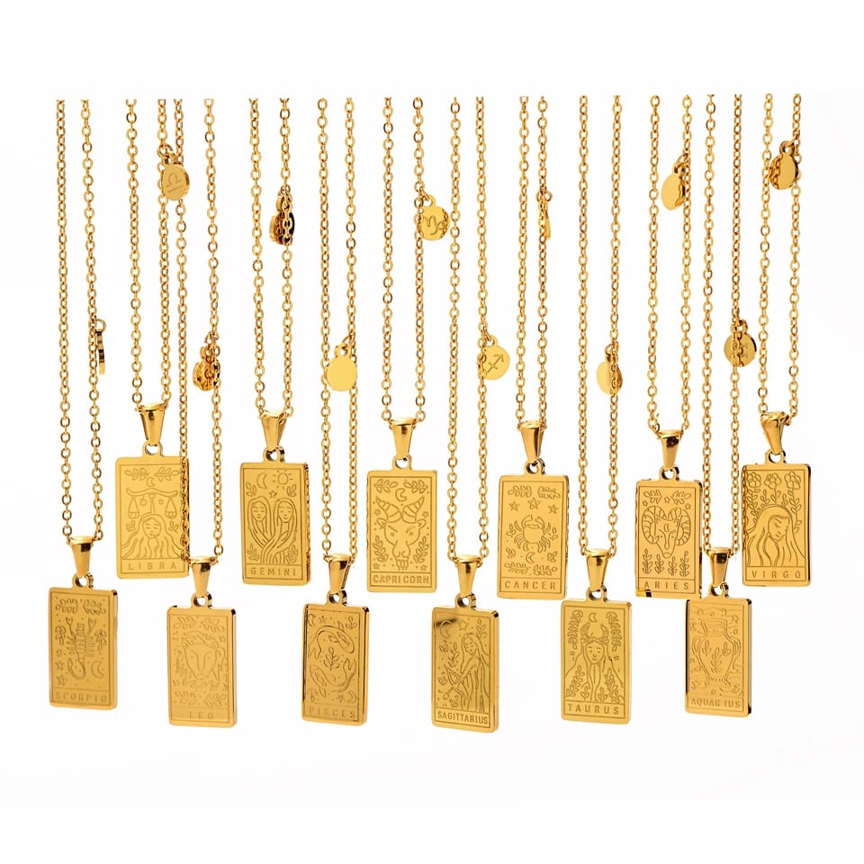 Wholesale Personalized Jewelry 18k Gold Plated Astrology Horoscope Tarot Card Stainless Steel Pendant 12 Zodiac Sign Necklace Pendant Necklaces