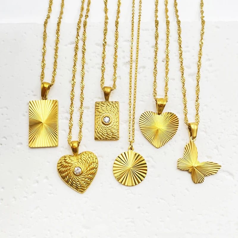 Wholesale Pvd 18k Gold Plated Stainless Steel Rectangle Square Sunburst Heart Butterfly Sunlight Disc Coin Pendant Necklace Pendant Necklaces