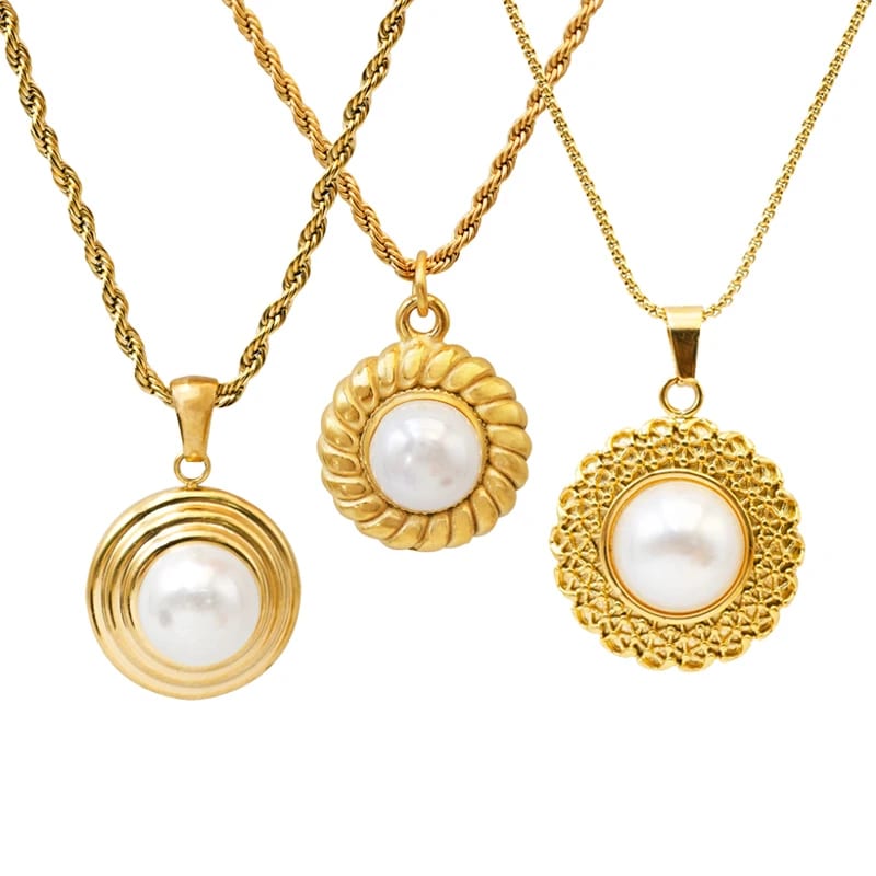 Trendy 18k Gold Pvd Plated Round Pearl Stainless Steel Natural Shell Pearl Pendant Necklace Pearl Necklaces