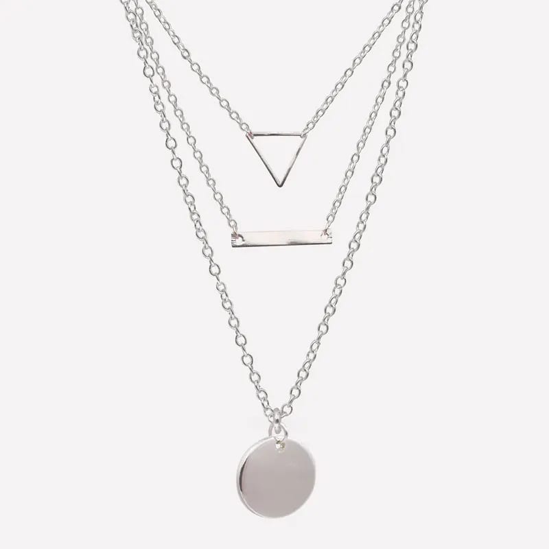 Best Design Fashion 3 Layers Necklace Women’s Silver Plated Brass Round Triangle Rectangle Pendant Necklaces Jewelry For Girl Pendant Necklaces
