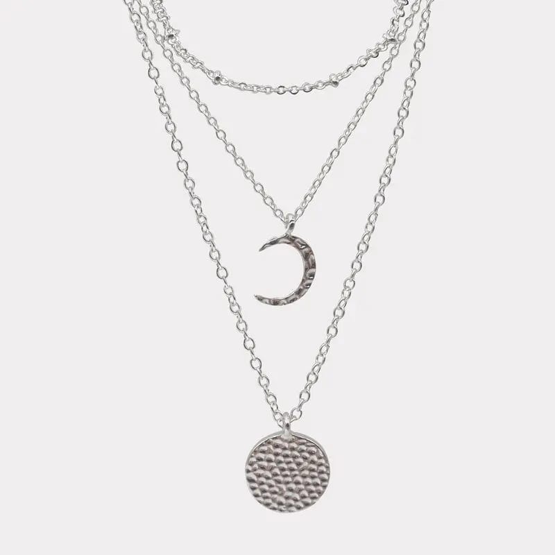 Simple Fashion 3 Layers Necklace Women’s Silver Plated Brass Moon Pendant Necklaces Jewelry For Girl Pendant Necklaces