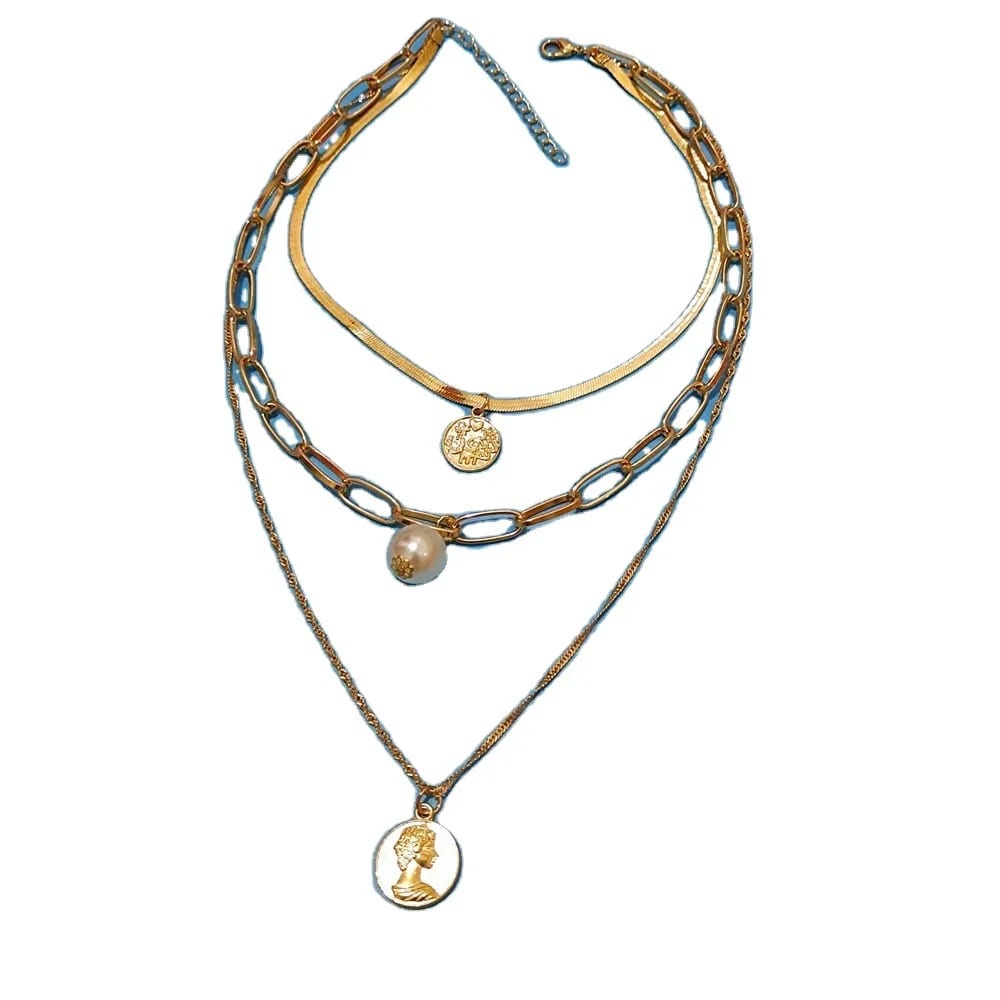 Hot Selling Layered Pearl Necklace Women’s Gold Plated 3 Layered Pearls Necklaces Round Pendant Layered Jewelry Pendant Necklaces