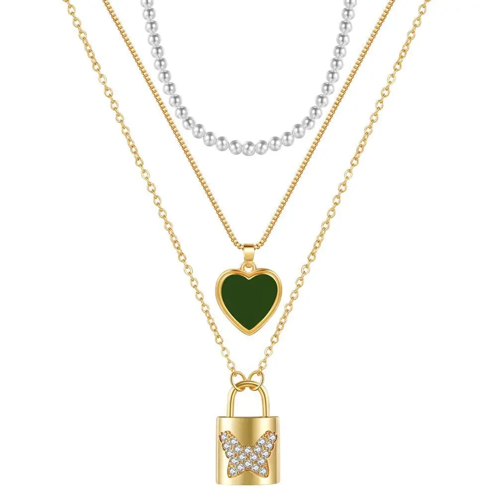 Classic Waterproof Hypoallergenic Necklace Women’s Gold Plated 3 Layered Choker Necklace Lock Key Pendant Layered Jewelry Pendant Necklaces