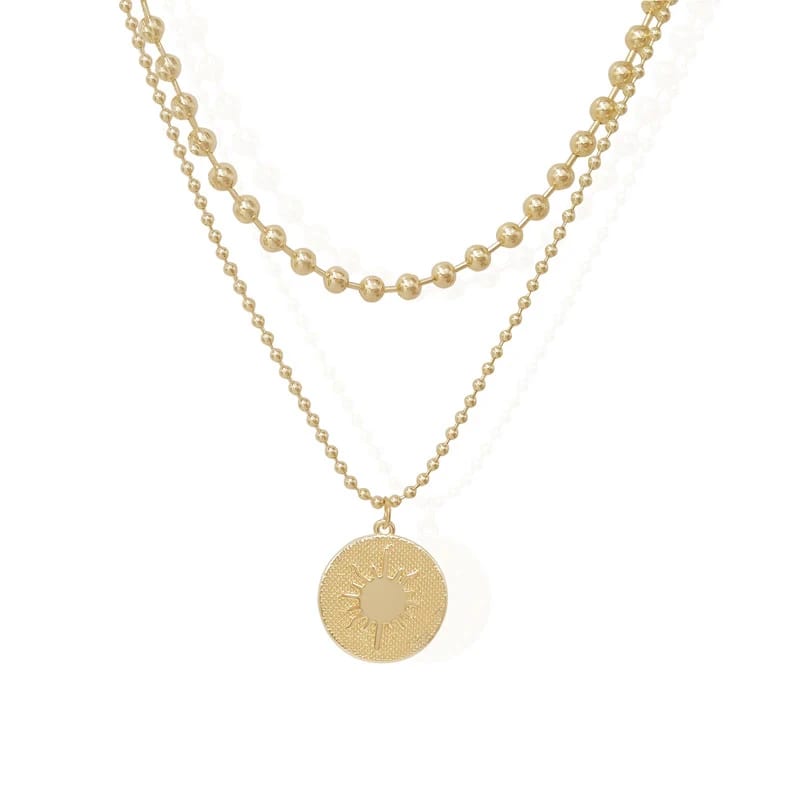 Gold Layered Necklace For Women 18k Gold Sun Coin Pendant Necklace Double Layer Bead Ball Chain Necklace Set Pendant Necklaces