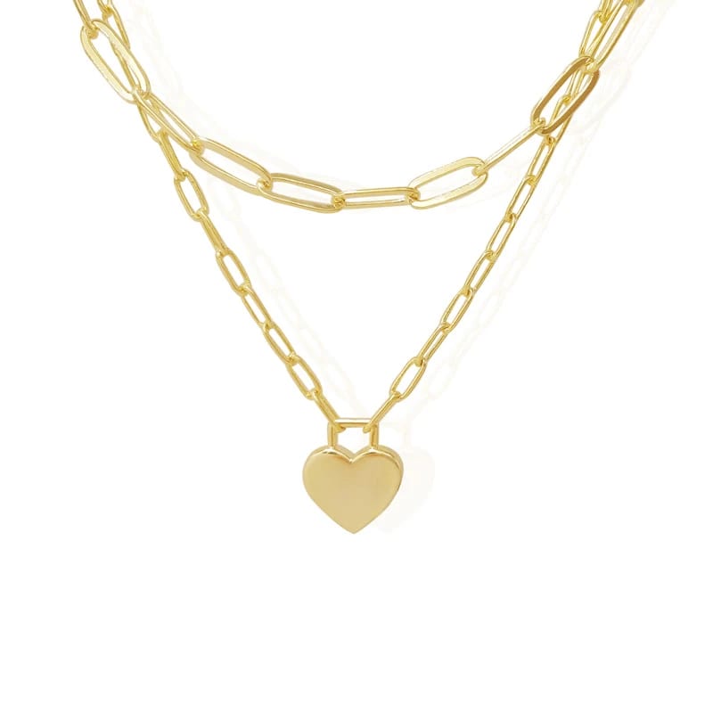 Minimalist Dainty 18k Gold Plated Double Layer Love Heart Pendant Necklace Gold Layered Heart Necklace For Women Pendant Necklaces