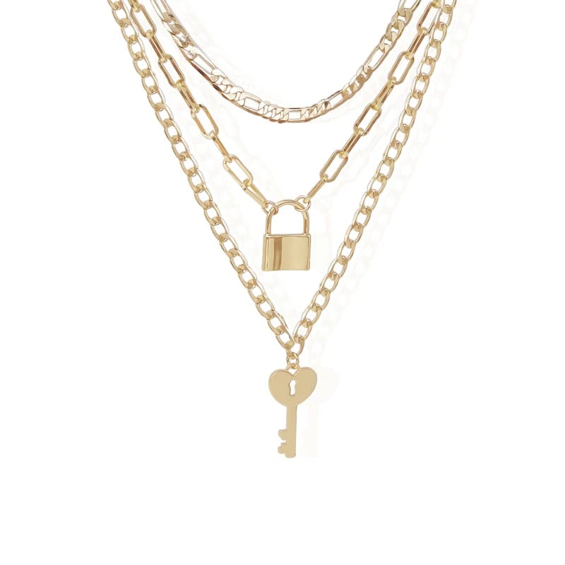 Fashion 3 Piece Multiple Set Layer Necklace Women’s 18k Gold Plated 3 Layered Choker Necklace Lock Key Pendant Layered Jewelry Pendant Necklaces