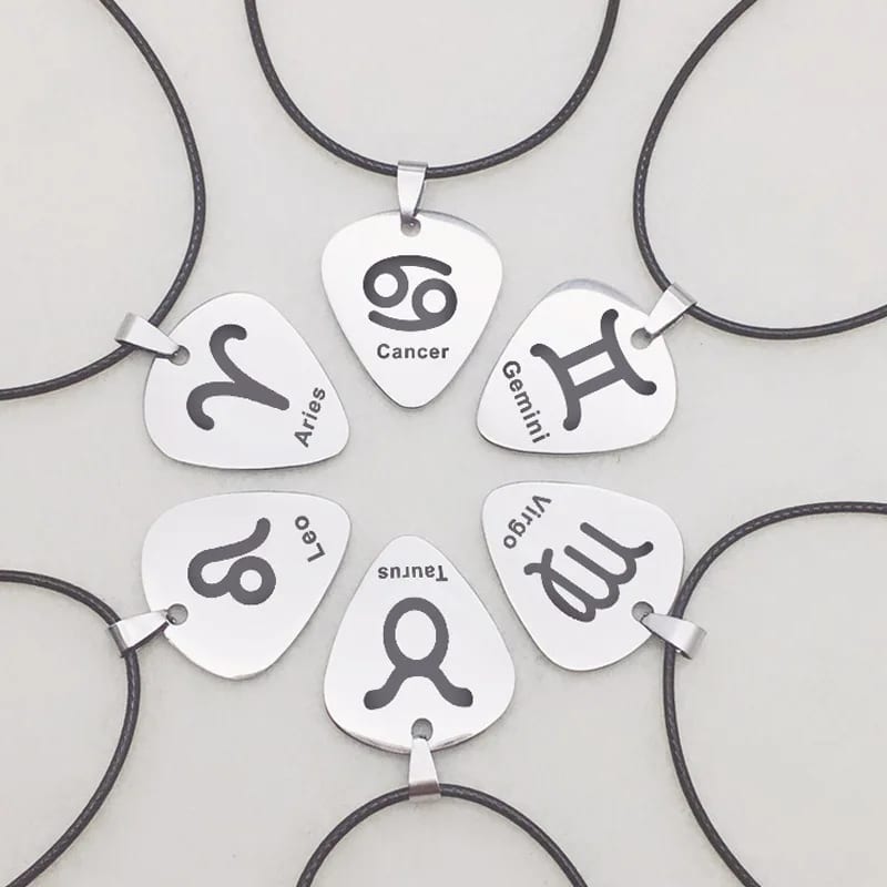 Wholesale Custom Stainless Steel Zodiac Sign Necklace Engraved Guitar Pick Pendant Leather Necklace For Unisex Pendant Necklaces
