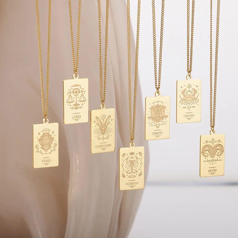 Personalized Astrology 12 Zodiac Tarot Jewelry 18k Gold Plated Stainless Steel Square Zodiac Sign Tarot Pendant Necklace Pendant Necklaces