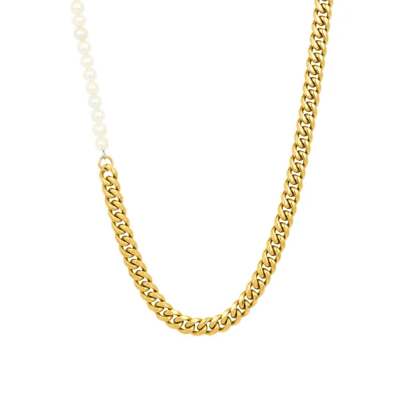 Wholesale High Quality Men Pearl Jewelry 18k Gold Stainless Steel Half Cuban Chain Half Pearl Necklace Pearl Necklaces