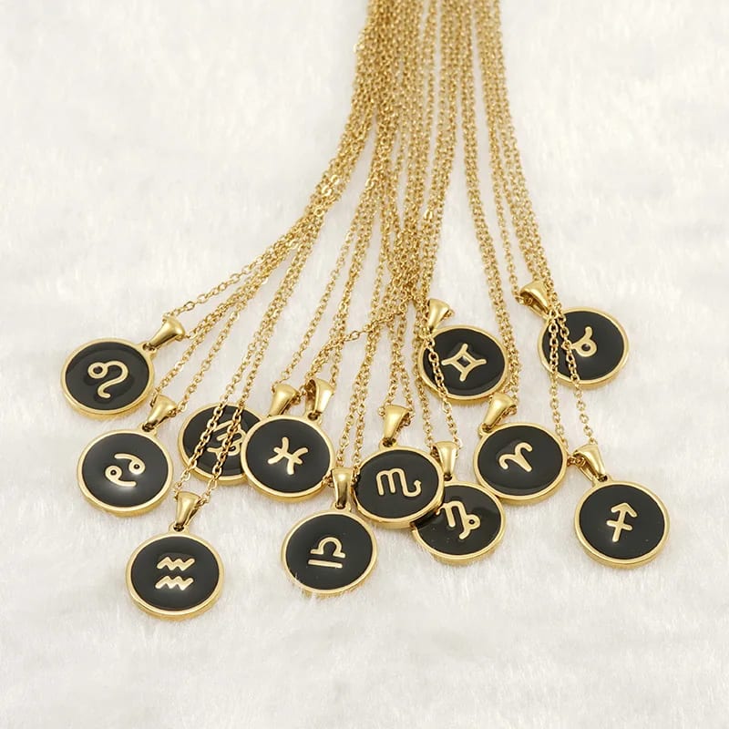 SXS JEWELRY Stainless Steel Custom Engraved 12 Zodiac Enamel Black Color Circle Necklace Jewelry Pendant Necklaces
