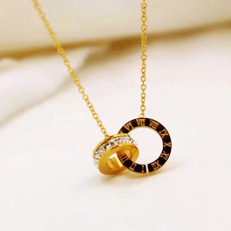 SXS JEWELRY Engrave Roman Numerals Double Ring Circle Interlocking Necklaces Stainless Steel Rhinestone Custom Necklace Pendant Necklaces